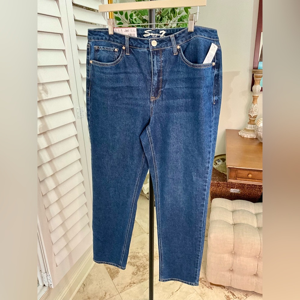 NWT SEVEN 7 Birch Blue Slim Straight Stretch 5 Pocket Denim Jeans Zip Size 14